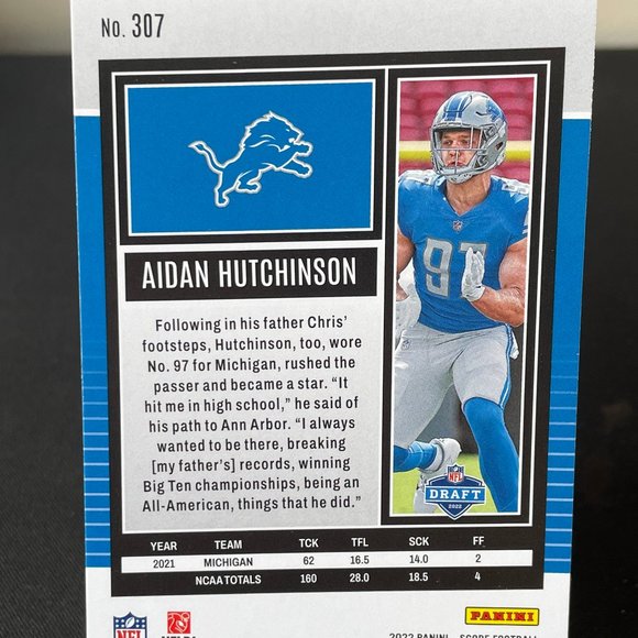 2022 Aidan Hutchinson Panini Score Rookie Card #307 Detroit Lions - Picture 2 of 2